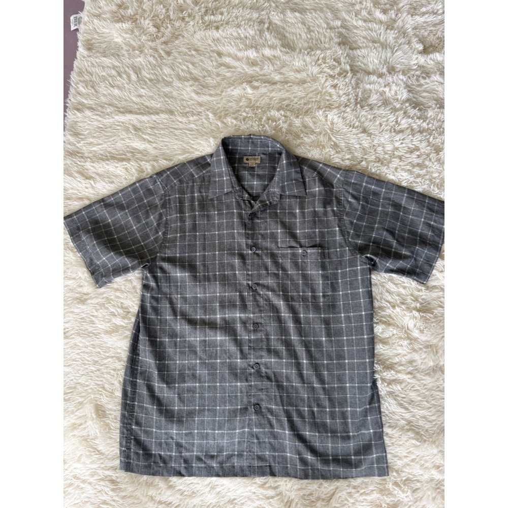 Haggar‎ Clothing Gray Plaid Short Sleeve Button Up Shirt Mens Large